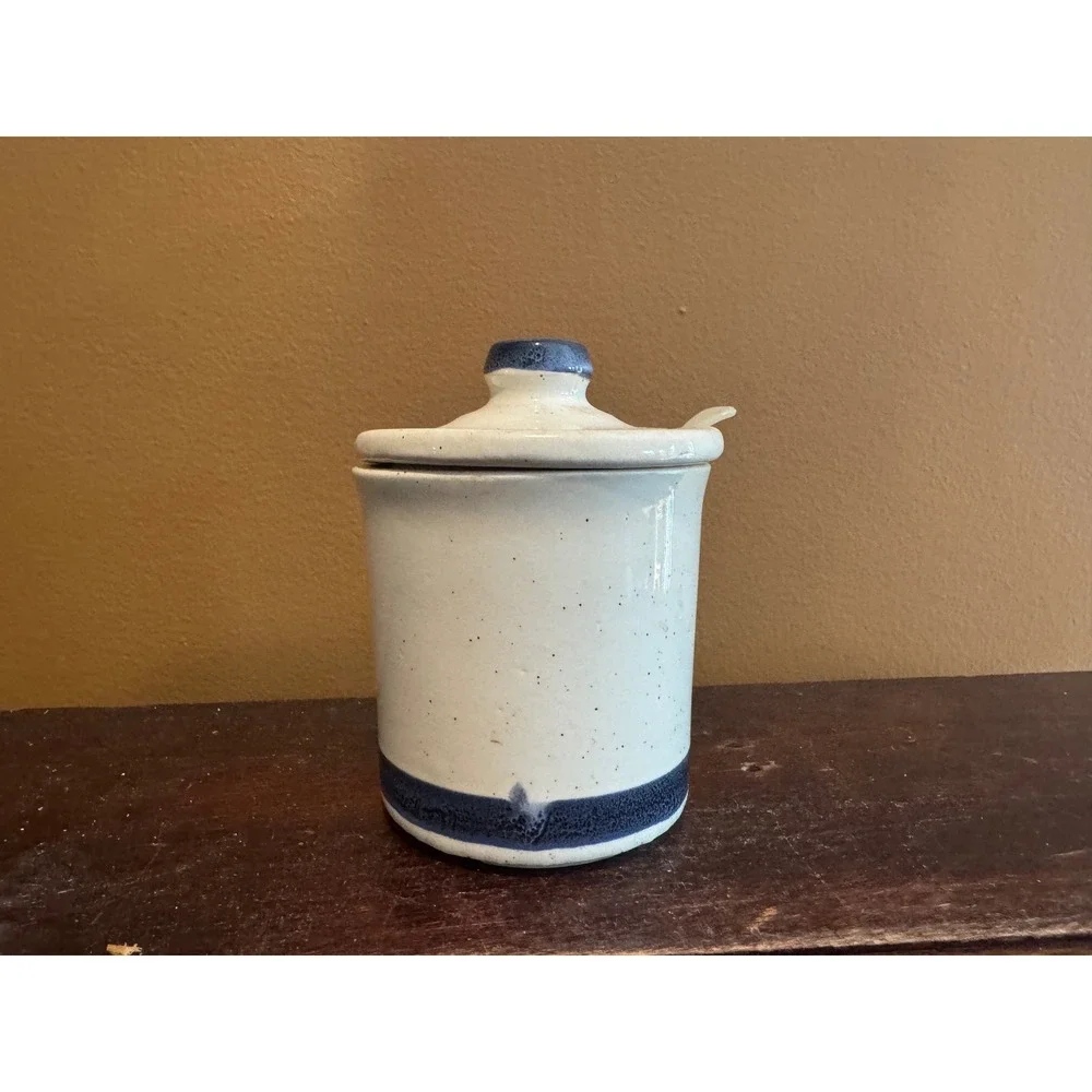 McCoy Speckled‎ Relish Mustard Jar with Lid & Spoon Blue White Farmhouse Decor